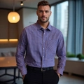 Geruit herenoverhemd met lange mouwen in blauw en paars, zakelijk casual met zakje - S / Blauw en Geel