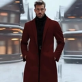 Elegant men's burgundy mid-length wool coat with classic lapels and a slim-fit design - XS / Dark Red