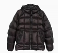 Men's glossy black hooded down jacket featuring signature goggle detail on the sleeve - XL / Black