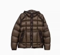 Deep brown hooded quilted jacket with signature lens detail and square puffer patterns - M / Brown