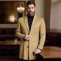 Classic camel men's slim fit mid-length wool coat with notched lapels and button front - XS / Khaki