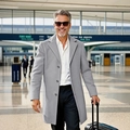 Slim fit light gray wool overcoat for men in a stylish airport business travel setting - XS / Light Gray