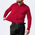 Men's red long sleeve stretch business shirt with button-down collar for formal work wear - Red
