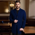 Manteau classique en laine bleu marine pour homme, coupe ajustée avec trois boutons - XS / Bleu marine