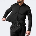 Men's black slim fit stretch business shirt showing flexible non-iron fabric - Black