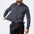 Men's dark blue four-way stretch business shirt showing flexible fabric elasticity - Dark Gray
