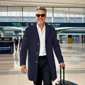 Classic slim fit navy blue wool coat for men in a business travel airport setting - XS / Navy Blue
