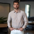 Camisa de hombre de manga larga con cuadros naranjas y azules con bolsillo en el pecho casual - S / Caqui