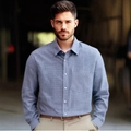 Chemise homme décontractée à manches longues avec texture à carreaux et poche - S / Gris Bleu