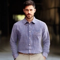 Chemise à manches longues à carreaux bleus et orange pour homme avec poche de poitrine - S / Bleu Café