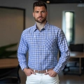 Camisa de cuadros azul y blanco para hombre, manga larga, corte entallado para oficina - S / Azul Cielo