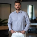 Men's light blue plaid business shirt with long sleeves and a classic chest pocket - S / Light Gray