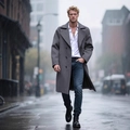 Men's double-breasted grey wool coat in a classic long style with lapels for autumn - XS / Dark Gray