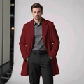 Mens dark red mid-length wool coat with classic lapels and business casual style - XS / Dark Red