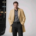 Classic camel men wool coat with notch lapel and slim fit business casual style - XS / Khaki