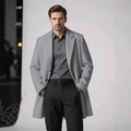 Men's light grey wool blend overcoat with a lapel collar and classic button closure - Light Gray / XS (US Size)