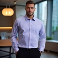 Men's business casual long-sleeved shirt with light purple and white checkered pattern - S / Light Purple
