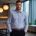 Men's business casual long-sleeved plaid shirt in light grey with single chest pocket - S / Light Gray