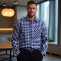 Classic blue and white checkered long sleeve business casual dress shirt for men - S / Navy Blue