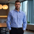 Classic blue and white plaid long sleeve business casual shirt for men with chest pocket - S / Sky Blue