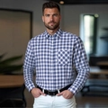 Business casual men's long sleeve plaid shirt in blue and white grid with chest pocket - S (US Size) / Navy Blue