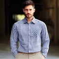 Camisa casual de cuadros azules y blancos para hombre con manga larga y un bolsillo - S / Gris claro