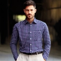Camisa de manga larga de corte entallado para hombre con cuadros azules y blancos y bolsillo - S / Azul Marino