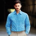 Camisa de manga larga a cuadros azules y blancos para hombre con bolsillo en el pecho - S / Azul cian