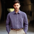 Camisa de manga larga para hombre con cuadros azules y naranjas, bolsillo y cuello estándar - S / Azul y Amarillo