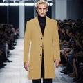 Elegant men's mid-length ginger yellow wool coat with classic lapel in fashion show - XS / Khaki