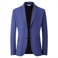 Detail of dark blue blazer with notch lapel, single-breasted buttons and knit texture - S / Blue