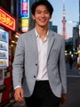 Men's slim fit herringbone tweed blazer in light blue for casual business attire - S / Gray