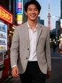 Men's grey herringbone wool blazer jacket in a business casual style with Tokyo background - S / Mixed Colors