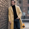 Men's long camel wool coat with single-breasted buttons and quilted warm lining - S / Tops / Khaki