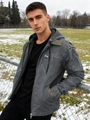 Men's thickened charcoal grey hooded work jacket with olive green shoulder patches - S / Gray
