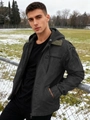 Men's heavy quilted workwear jacket with drawstring hood and durable canvas fabric - S / Black
