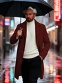 Men's stylish dark red wool trench coat with white turtleneck and black pants on a rainy street - XS / Dark Red