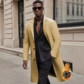 Men's mustard yellow wool coat in long classic British style with warm lining feature - S (US Size) / Khaki