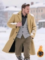 Men's camel wool overcoat with classic lapels and warm lining in outdoor winter setting - S / Khaki