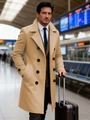 Classic camel men's double-breasted trench coat with wide lapels and buttons for business travel - S (US Size) / Khaki