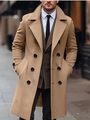 Men's double-breasted wool blend long coat in camel with lapel collar and buttons - S / Khaki