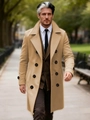Heren wollen double-breasted jas in camel met klassieke revers en zwarte knopen - S / Khaki