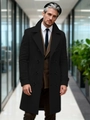 Klassieke double-breasted heren trenchcoat van zwarte wolmix in zakelijke professionele stijl - S (US Maat) / Zwart