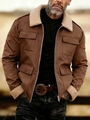 Men's brown suede workwear jacket with beige fleece lining and four flap pockets - S / Brown