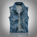Slim fit light blue denim vest for men with distressed ripped details and fringe edges - S / Blue