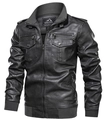 Chaqueta de aviador de cuero sintético negro para hombre con puños de punto gris y charreteras - M / Gris