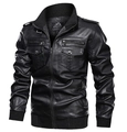 Chaqueta de cuero PU negro para hombre con cuello alto y puños acanalados tipo biker - M / Negro