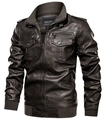 Chaqueta de cuero PU marrón oscuro para hombre con cuello alto, puños elásticos y bolsillos - M / café