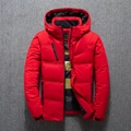 Slim fit red hooded winter down jacket for men with zipper pockets and quilted padding - M / Red