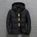 Men's black hooded down jacket featuring horizontal quilting and windproof high collar - M / Black